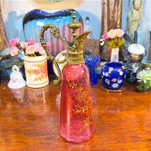 LICOREIRA ANTIGA EM CRISTAL CRANBERRY E BRONZE - SÉC. XIX