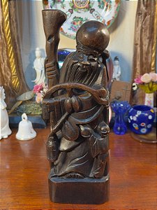 Escultura Antiga Shou Lao em Madeira.