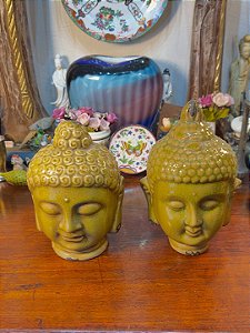 Par de Cabeças de Buda em Cerâmica Craquelada.
