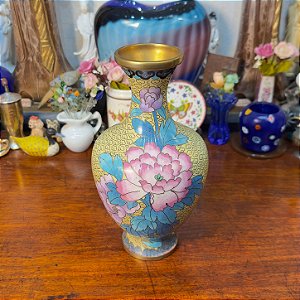 Vaso Cloisonné decoração Peônias Rosa e Lilás.