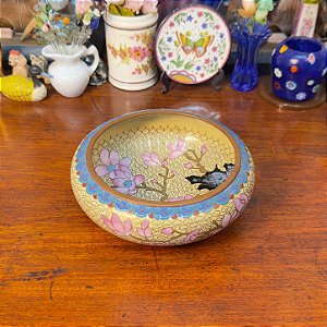 Médio Centro de Mesa Chinês Cloisonné Esmaltado Flores e Pássaros
