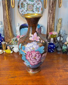 Vaso Cloisonne Chines Metal Esmaltado Peonias Flor Floral