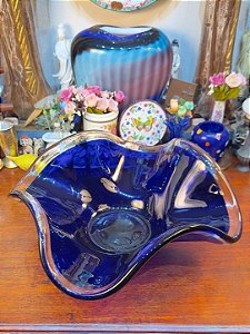 Antigo Centro de Mesa Fruteira em Vidro Artístico Azul Cobalto