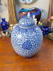 Antigo Pote Ginger Jar em Porcelana Chinesa Azul e Branco