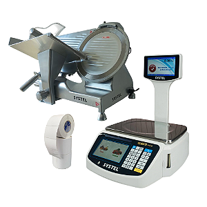 Balança Etiquetadora Systel Cuora Neo 30kg + Fatiador Cortador de Frios Systel SYS-300 + 12 Etiquetas 60x40mm