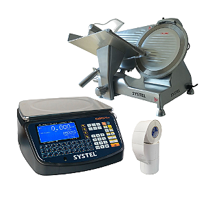 Balança Etiquetadora Systel Cuora Max 30kg + Fatiador Cortador de Frios Systel SYS-300 + 12 Etiquetas 60x40mm