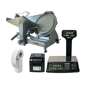 Combo Balança Systel Clipse Torre Preta 30kg + Impressora Quo Novo + Fatiador Cortador de Frios SYS-300 + 12 Etiquetas 60x40mm