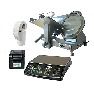 Combo Balança Systel Clipse Preta 15kg + Impressora Quo Novo + Fatiador Cortador de Frios SYS-300 + 12 Etiquetas 60x40mm