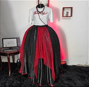 Saia lenços tule/glitter preto e vermelho