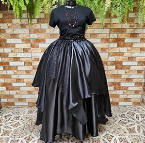 Saia lenços tule preto/glitter prata e cetim preto