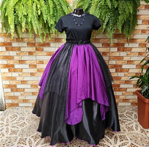 Saia lenços tule/glitter preto com roxo