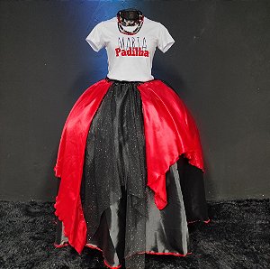 Saia lenços tule/glitter prata com vermelho