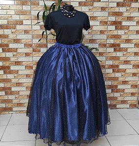 Saia tule/glitter preto com forro azul