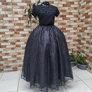 Saia tule/glitter prata com forro preto