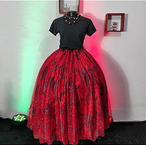 Saia tule/glitter vermelho com forro preto estampado