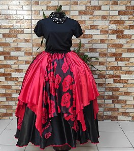 Saia lenços preta/vermelho estampado