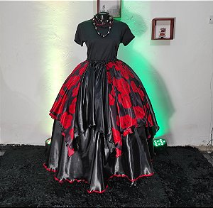 Saia lenços preta/estampado rosas vermelhas