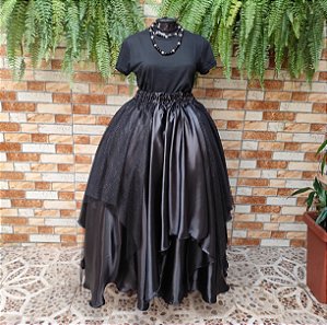 Saia Lenços tule preto/glitter dourado e cetim preto