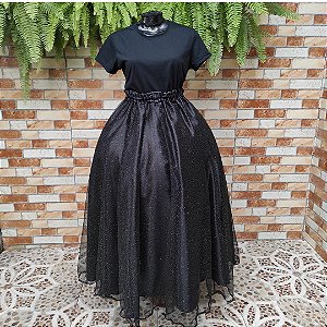 Saia tule preto/glitter dourado com forro preto