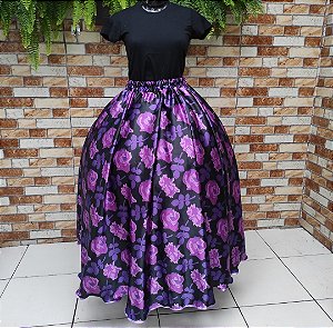 Saia cetim estampado preta e lilás/roxo