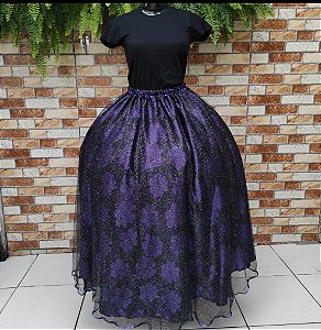 Saia tule/glitter preto com forro preto/roxo