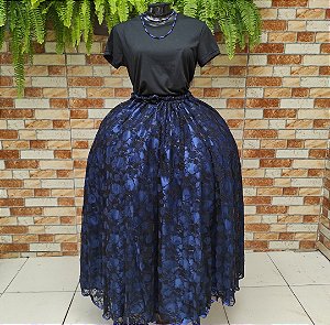 Saia de renda preta com forro azul