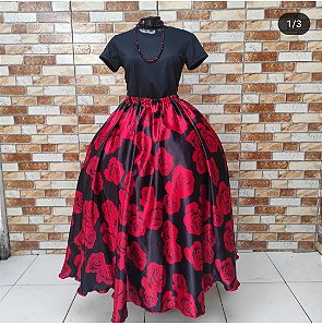 Saia cetim estampado preta/vermelha