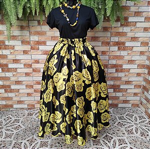 Saia cetim estampado preta/amarela