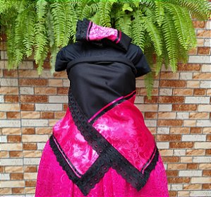 Conjunto pano de cabeça + pano da costa preto com rosa/pink