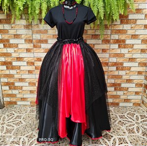 Saia lenços tule/glitter dourado com vermelho