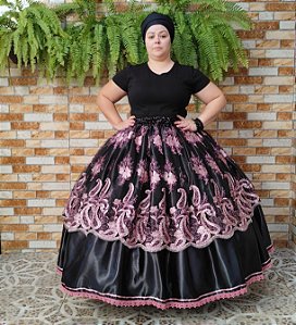 Saia de tule bordado preto/rosa com forro preto