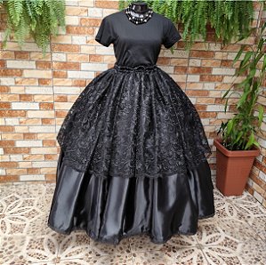 Saia de tule bordado preto com forro preto