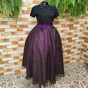 Saia renda/paetê preta e dourada com forro roxo
