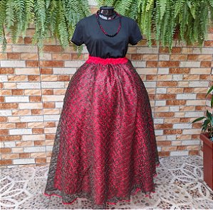 Saia renda/paetê preta e dourada com forro vermelho
