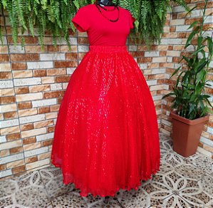 Saia tule/paetê vermelho com forro vermelho