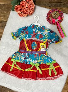 Vestido Junino Vermelho e Azul Claro