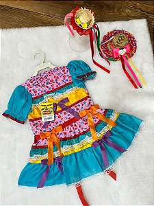 Vestido Junino Rosa Amarelo e Azul