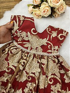 Vestido Infantil Marsala com Renda Bordada Dourada