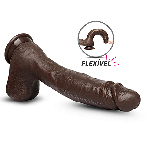 Pênis Ultra Realístico em Silicone Líquido com Escroto e Ventosa - 25x4,8cm - Marrom