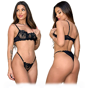 Conjunto Stefany com Tule Recorte de Flor - Preto