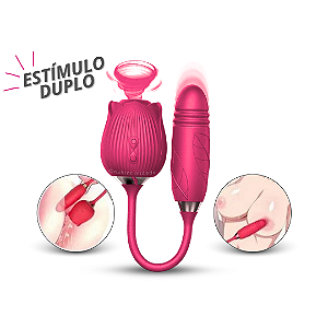 Estimulador 2 em 1 Com Vai e Vem e Sugador Clitoriano Formato de Rosa - Recarregável - Pink