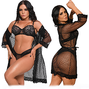 Conjunto de Renda com Sutiã, Calcinha e Robe - Preto