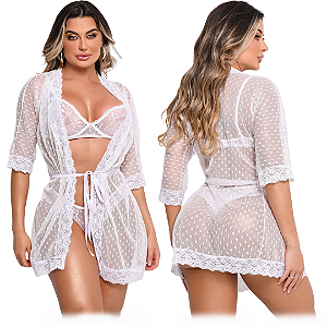 Conjunto de Renda com Sutiã, Calcinha e Robe - Branco