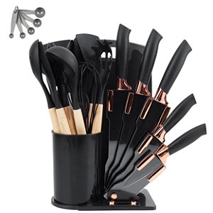 Kit 19 Utensílios De Cozinha Com Cabo De Madeira E Silicone