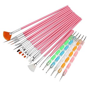 Kit 15 Pincel Gel Uv Acrigel Salão e 5 Pinceis Boleadores Ponta Dupla Decoração De Unha Manicure Pedicure Kit Nail
