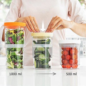 Potes Herméticos Retrátil com Vedação Vácuo 550ml aumenta para 1050ml Temperos Organização Mantimentos Condimento Regulável Ajustável Acrílico