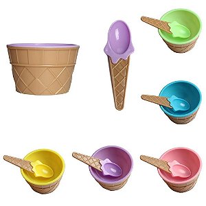 Pote de Sobremesa de Plástico Sorvete Casquinha Colorido Com Colher Decoração Tigela Bowl