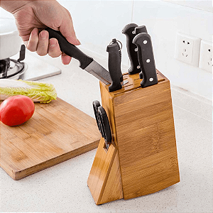Organizador De Facas Bambu Cepo Suporte De Faca Bancada Porta Faqueiro Tesoura Cozinha Decoração