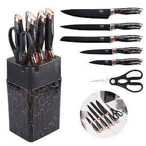 Kit De Faca De Cozinha Com Cepo Jogo De Facas Com Suporte Antiaderente Conjunto 7 Peças Inox Marmorizadas Utensílios