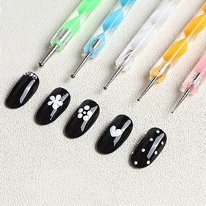Kit 5 Pinceis Boleadores Ponta Dupla Decoração De Unha